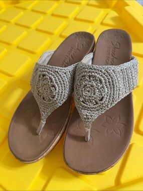 Skechers Beige Crochet Thong Sandals - Women's Slip-On Comfort